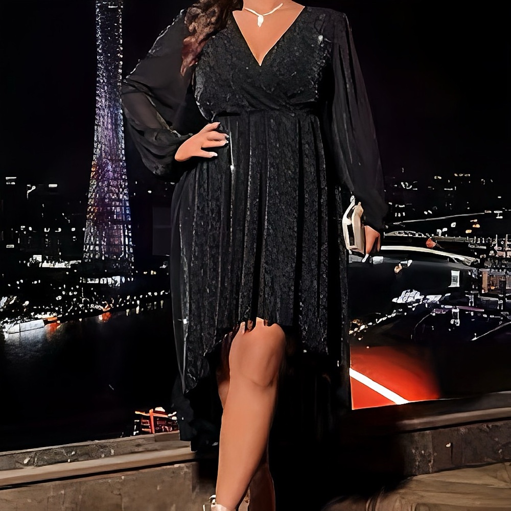 (Video) Black Hi-Low Dress | Size 2X | Sheer Sleeves | V-Neck Plunge | New